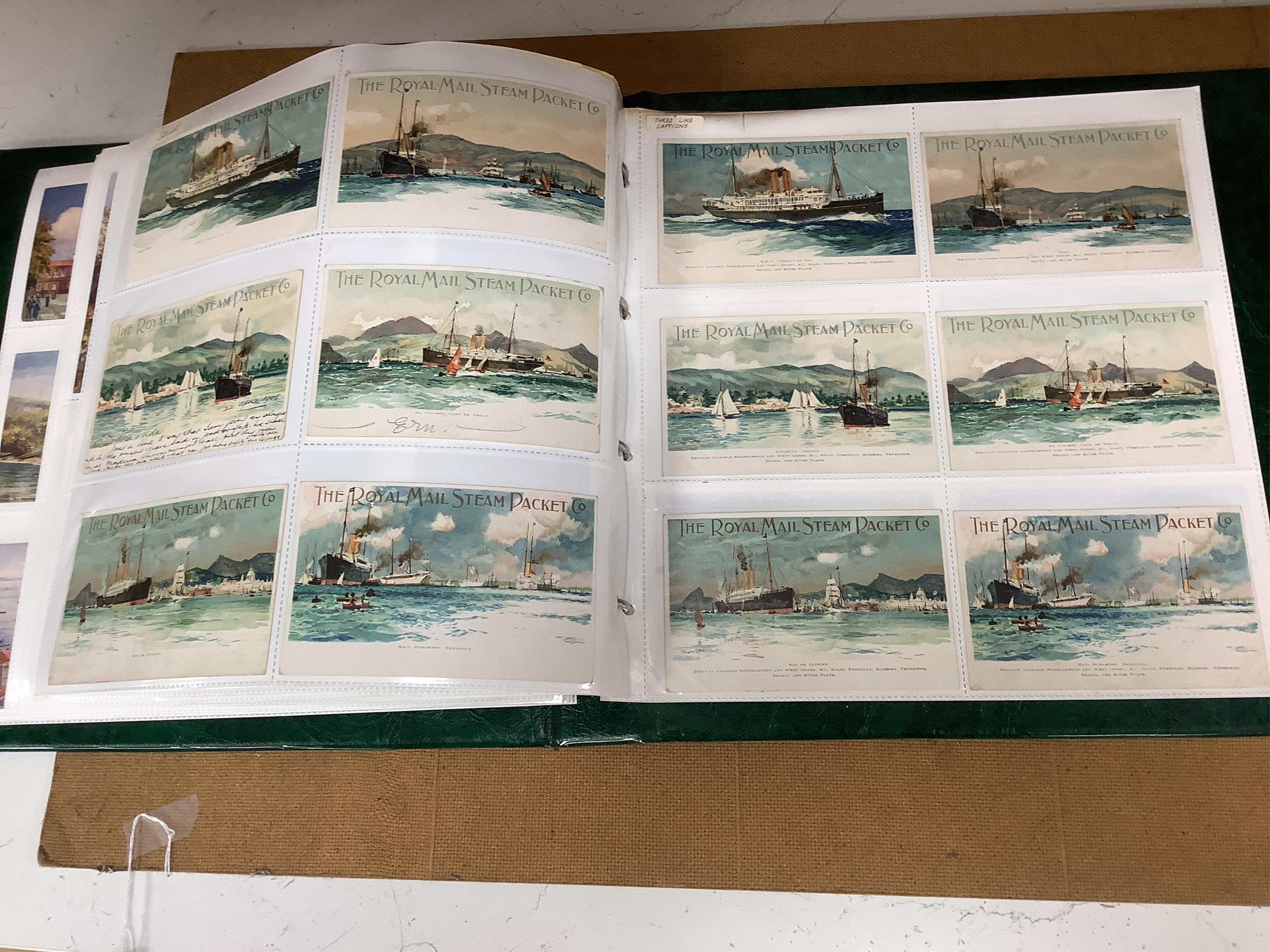 A box and two folders of postcards and a few cigarette cards, mainly relating to the Royal Mail Steam Packet Company and Royal Mail Lines Ltd., including a good quantity of 1930s and later postcards of cruise ships, many